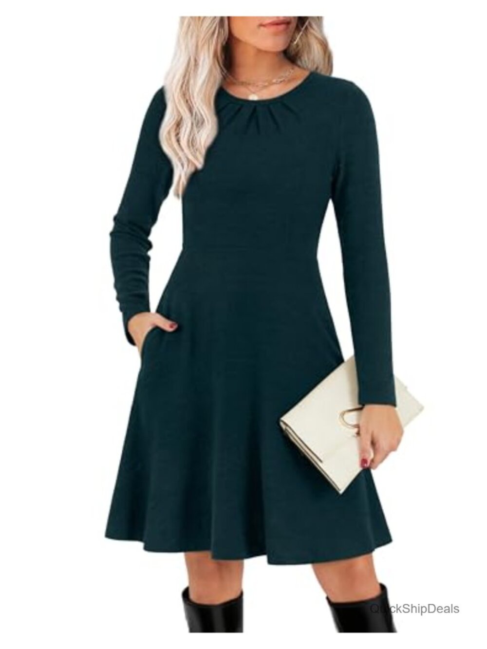Long Sleeve Crew Neck Midi Sweater Dress with Pockets